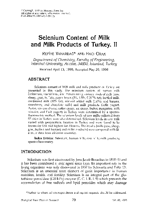 (PDF) Selenium content of milk and milk products of Turkey. II
