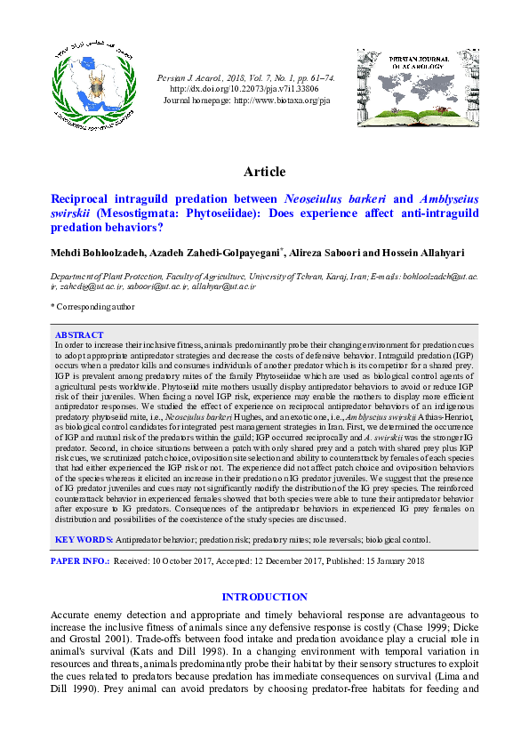 (PDF) Reciprocal intraguild predation between Neoseiulus barkeri and ...