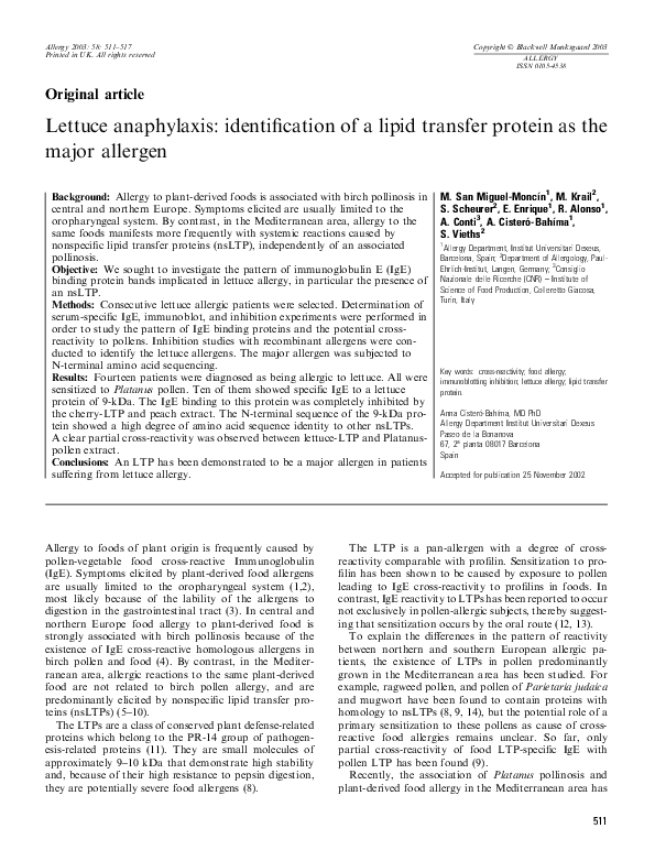 (PDF) Lettuce anaphylaxis identification of a lipid transfer protein as the major allergen