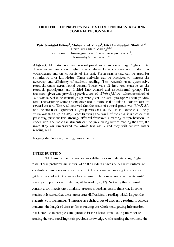 (PDF) The Effect of Previewing Text on Freshmen Reading Comprehension Skill