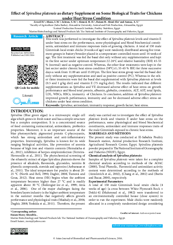 (PDF) Effect of Spirulina platensis as dietary Supplement on Some ...