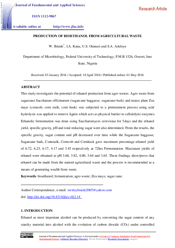 (PDF) Production of bioethanol from agricultural waste