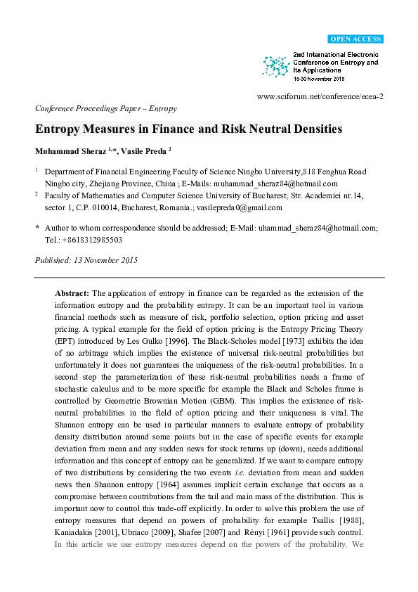(PDF) Entropy Measures in Finance and Risk Neutral Densities