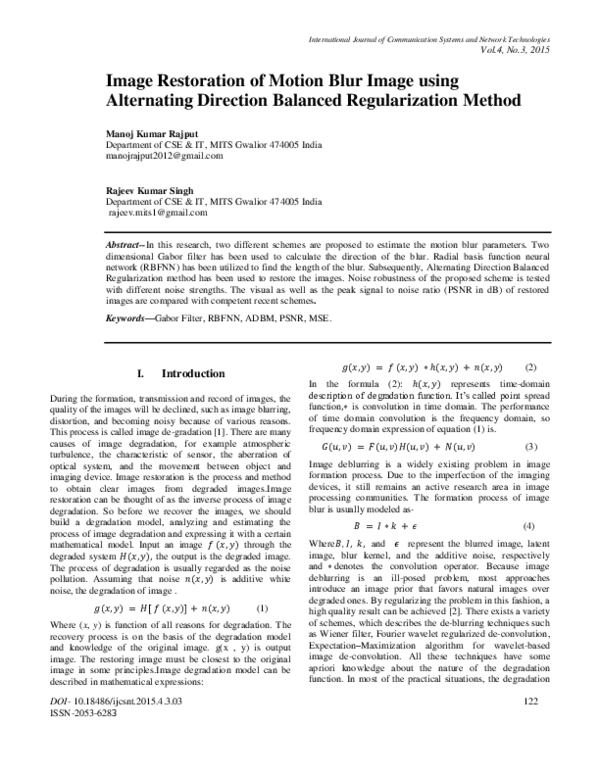(PDF) Image Restoration of Motion Blur Image using Alternating ...