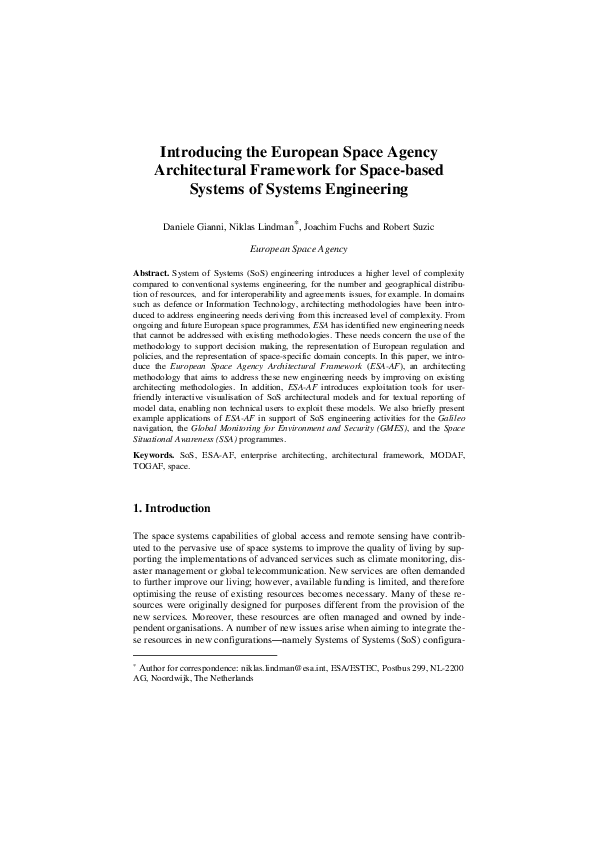 (PDF) Introducing the European Space Agency Architectural Framework for ...