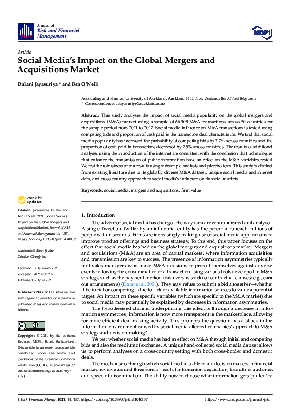 (PDF) Social Media’s Impact on the Global Mergers and Acquisitions Market