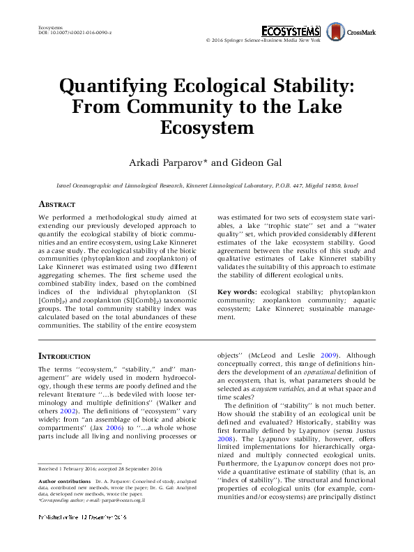 (PDF) Quantifying Ecological Stability: From Community to the Lake ...