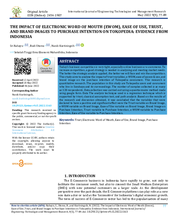 (PDF) THE IMPACT OF ELECTRONIC WORD OF MOUTH (EWOM), EASE OF USE, TRUST ...