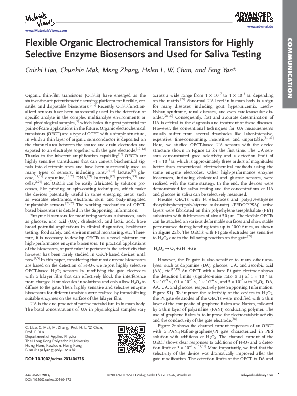 (PDF) Flexible Organic Electrochemical Transistors for Highly Selective ...