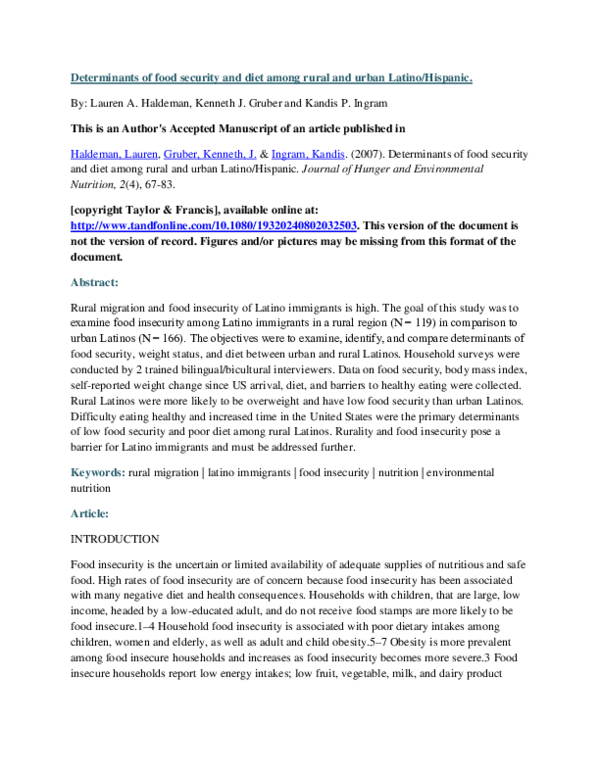 (PDF) Determinants of Food Security and Diet Among Rural and Urban ...