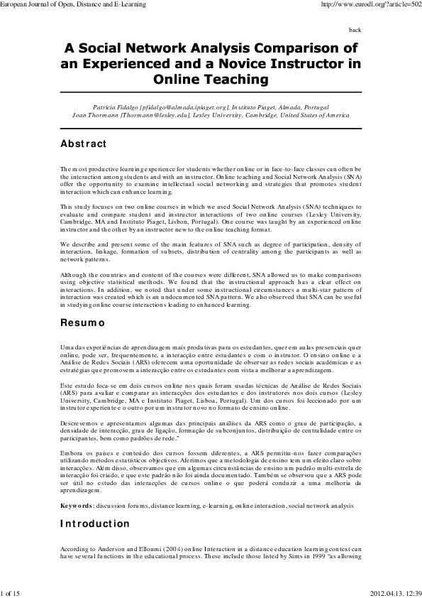 (PDF) A Social Network Analysis Comparison of an Experienced and a ...