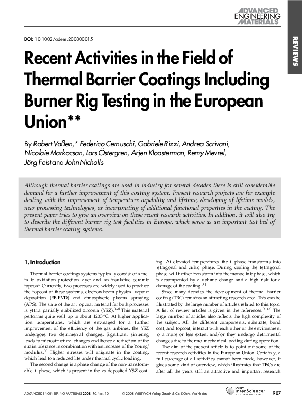 (PDF) Recent Activities in the Field of Thermal Barrier Coatings ...