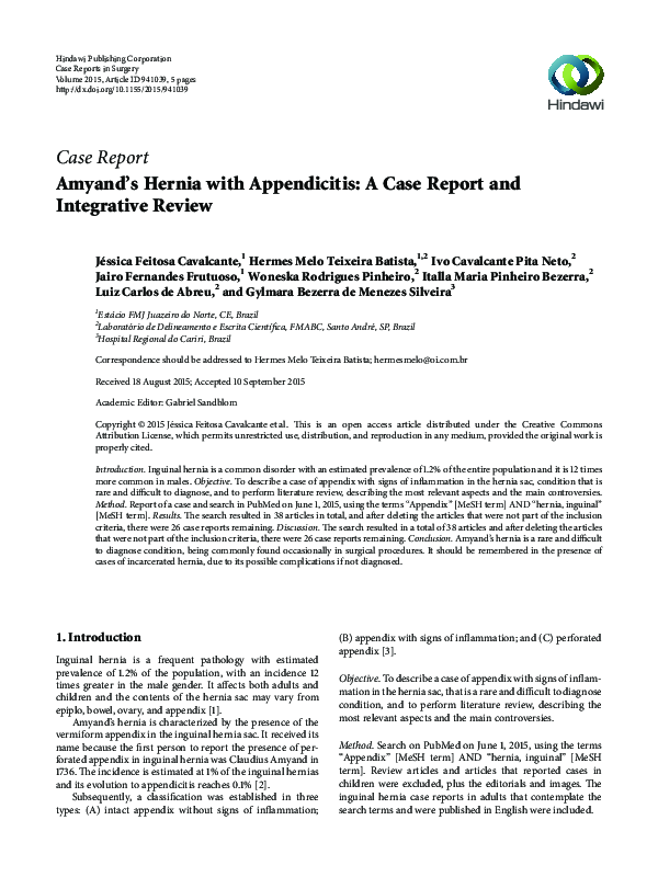 (PDF) Amyand’s Hernia with Appendicitis: A Case Report and Integrative ...