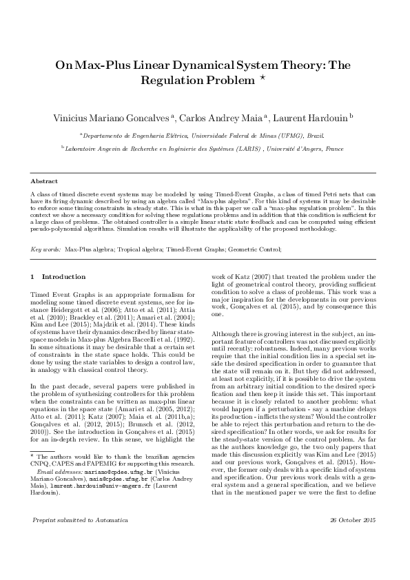(PDF) On max-plus linear dynamical system theory: The regulation problem