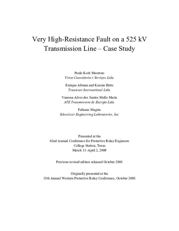 (PDF) Very high-resistance fault on a 525 kV transmission line - Case study