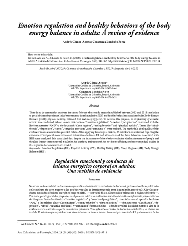 (PDF) Emotion regulation and healthy behaviors of the body energy ...