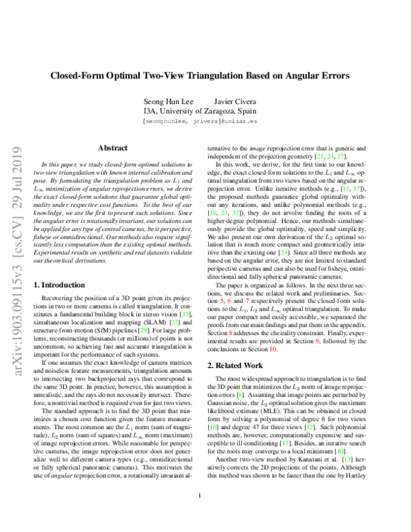 (PDF) Closed-Form Optimal Two-View Triangulation Based on Angular Errors