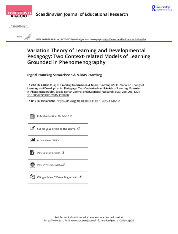 (PDF) Variation Theory of Learning and Developmental Pedagogy: Two ...