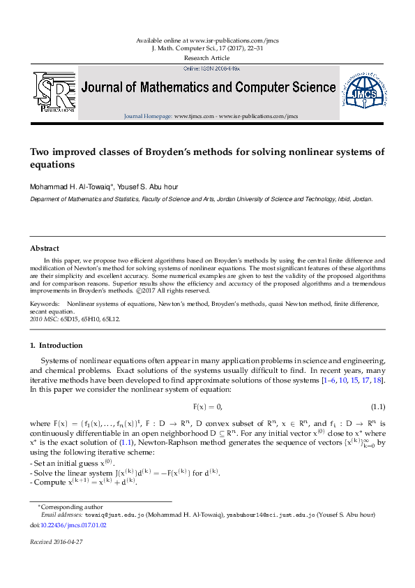 (PDF) Two improved classes of Broyden's methods for solving nonlinear ...