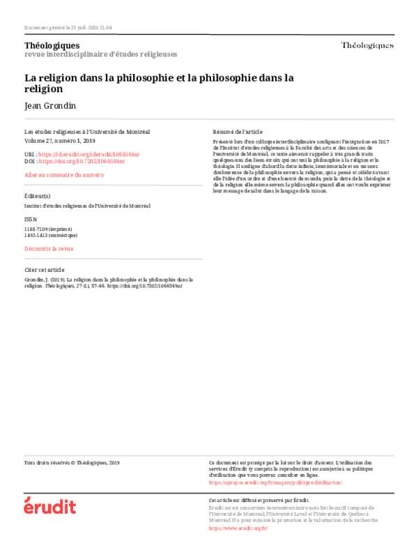 (PDF) La religion dans la philosophie et la philosophie dans la religion