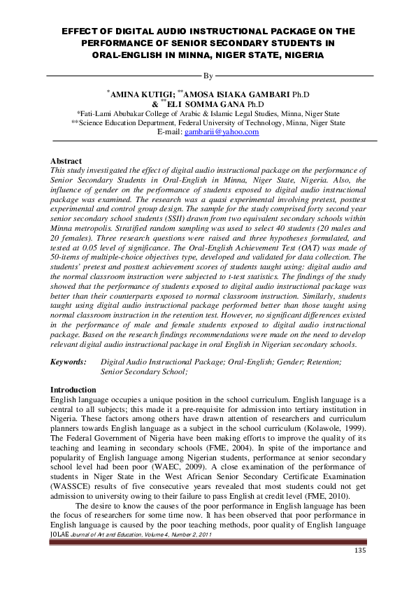 (PDF) EFFECT OF DIGITAL AUDIO INSTRUCTIONAL PACKAGE ON THE PERFORMANCE ...