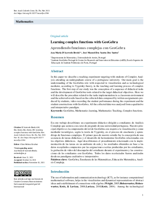 (PDF) Learning complex functions with GeoGebra