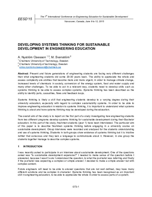 (PDF) Developing systems thinking for sustainable development in ...