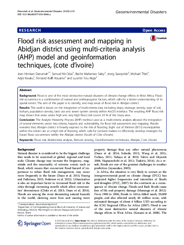 (PDF) Flood risk assessment and mapping in Abidjan district using multi ...