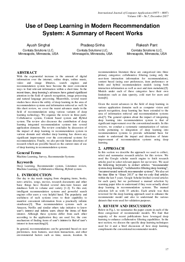 (PDF) Use of Deep Learning in Modern Recommendation System: A Summary ...