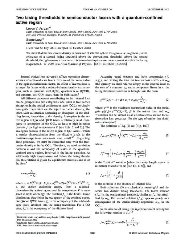(PDF) Two lasing thresholds in semiconductor lasers with a quantum ...