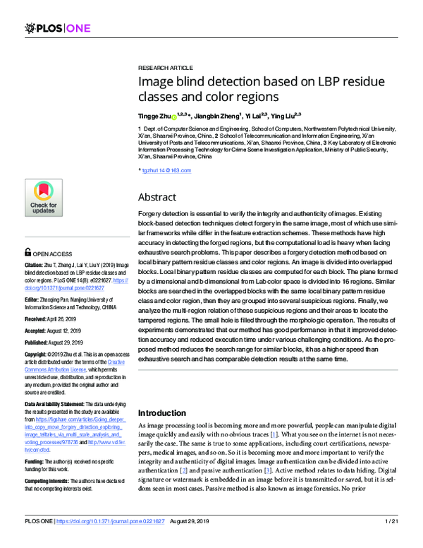 (PDF) Image blind detection based on LBP residue classes and color regions