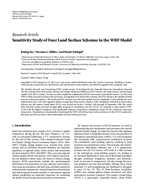 (PDF) Sensitivity Study of Four Land Surface Schemes in the WRF Model
