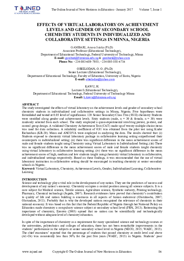 (PDF) EFFECTS OF VIRTUAL LABORATORY ON ACHIEVEMENT LEVELS AND GENDER OF ...