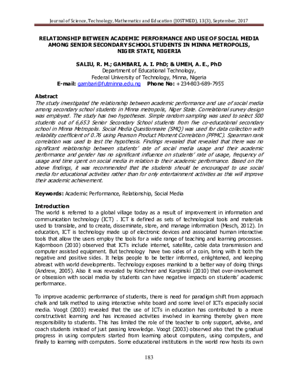 (PDF) RELATIONSHIP BETWEEN ACADEMIC PERFORMANCE AND USE OF SOCIAL MEDIA ...