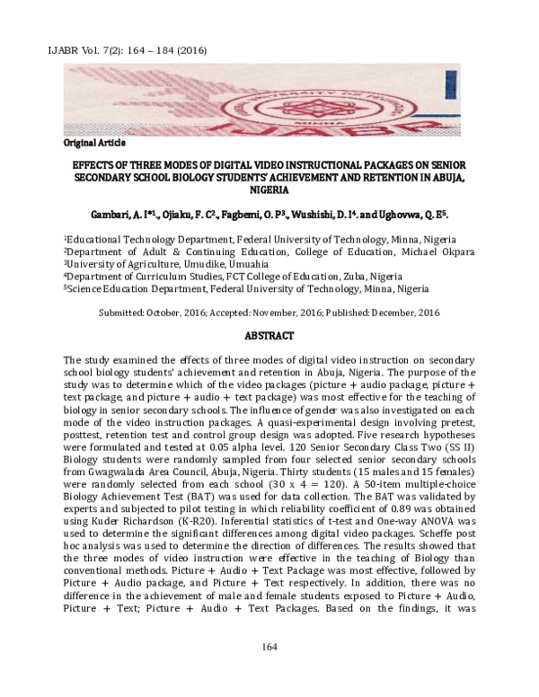 (PDF) EFFECTS OF THREE MODES OF DIGITAL VIDEO INSTRUCTIONAL PACKAGES ON ...