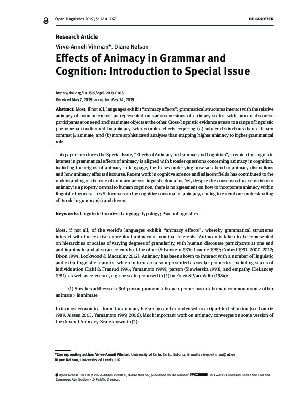 (PDF) Effects of Animacy in Grammar and Cognition: Introduction to ...