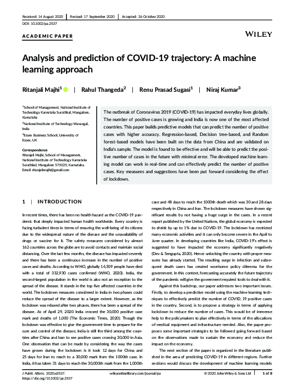 (PDF) Analysis and prediction of COVID ‐19 trajectory: A machine ...