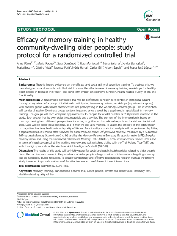 (PDF) Efficacy of memory training in healthy community-dwelling older ...