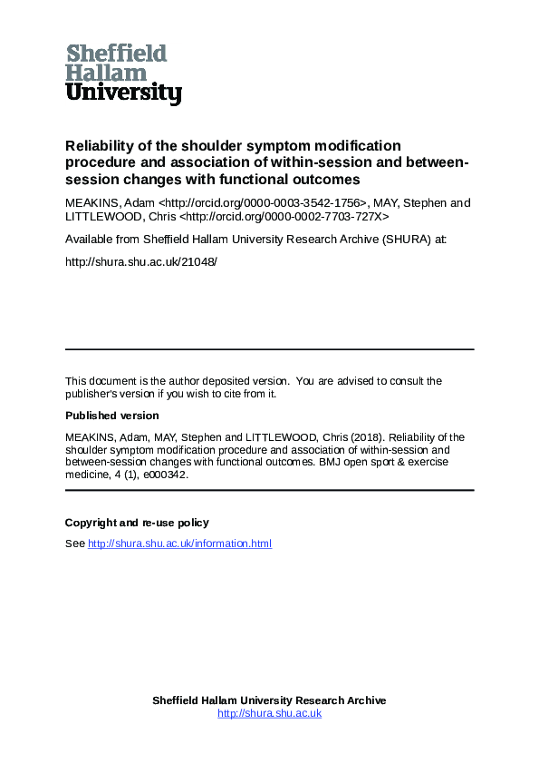 (PDF) Reliability of the Shoulder Symptom Modification Procedure and ...
