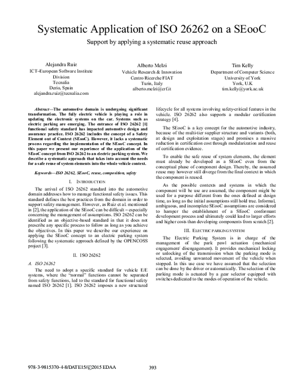 PDF) Systematic Application of ISO 26262 on a SEooC - Support by Applying a  Systematic Reuse Approach | Tim Kelly - Academia.edu