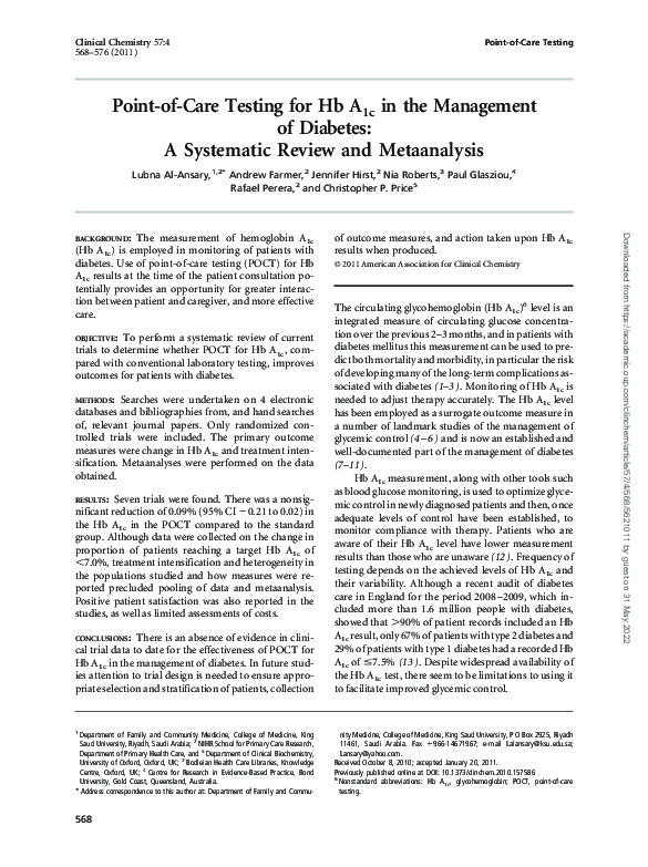 (PDF) Point-of-Care Testing for Hb A1c in the Management of Diabetes: A ...