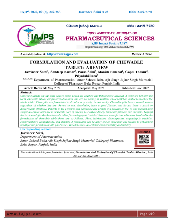 (PDF) FORMULATION AND EVALUATION OF CHEWABLE TABLET A REVIEW Editor