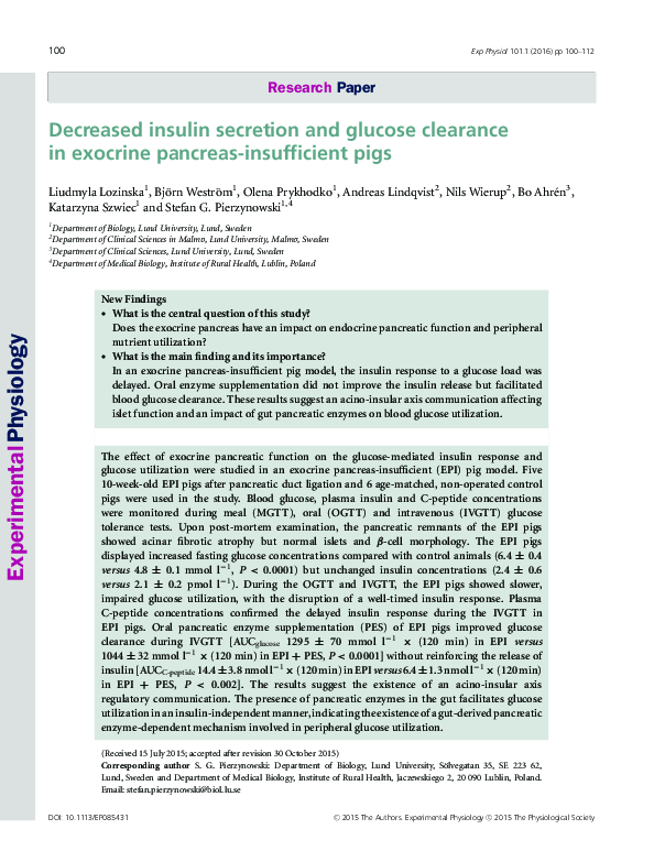 (PDF) Decreased insulin secretion and glucose clearance in exocrine ...