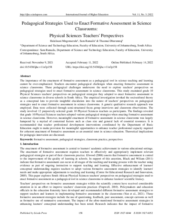 (PDF) Pedagogical Strategies Used to Enact Formative Assessment in ...