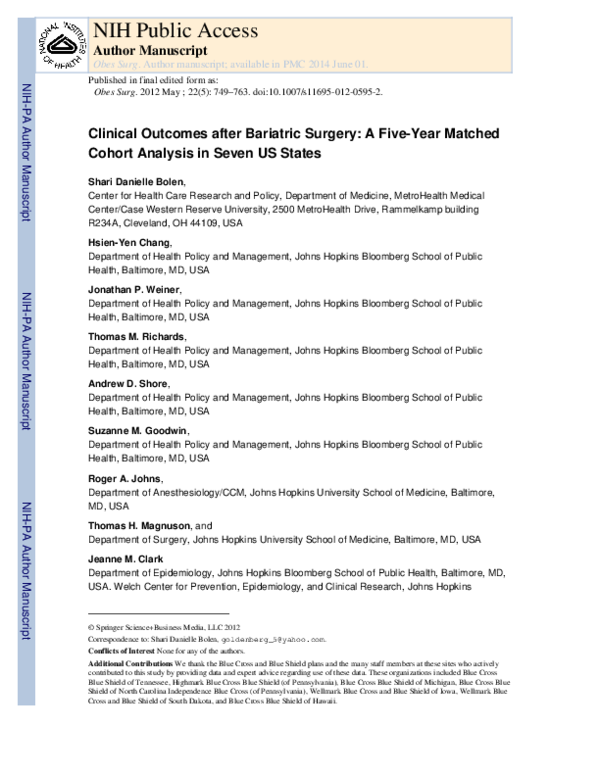 (PDF) Clinical Outcomes after Bariatric Surgery: A Five-Year Matched ...