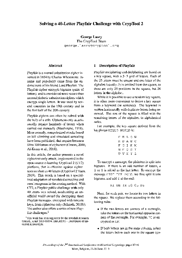(PDF) Solving a 40-Letter Playfair Challenge with CrypTool 2