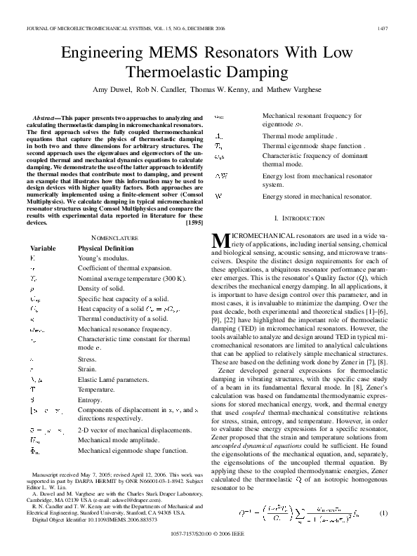 (PDF) Engineering MEMS Resonators With Low Thermoelastic Damping