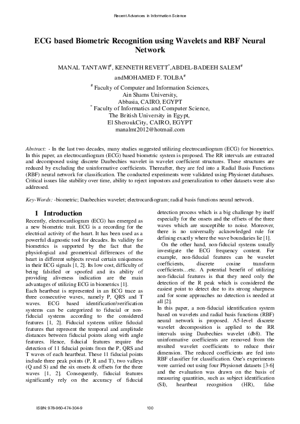 (PDF) ECG based Biometric Recognition using Wavelets and RBF Neural Network
