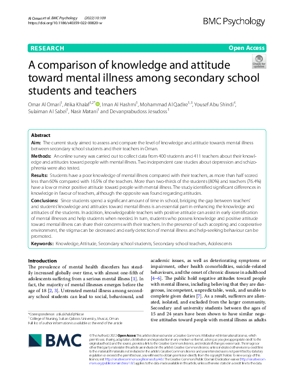 (PDF) A comparison of knowledge and attitude toward mental illness ...