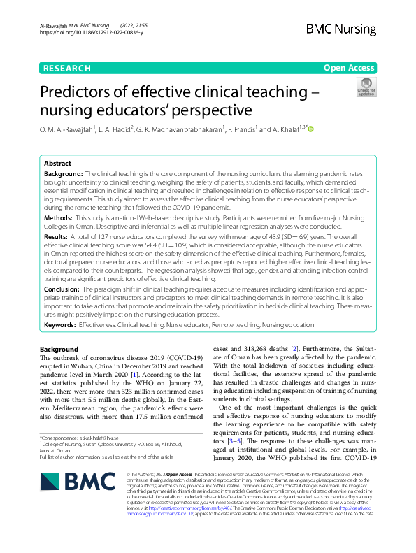 (PDF) Predictors of effective clinical teaching – nursing educators ...